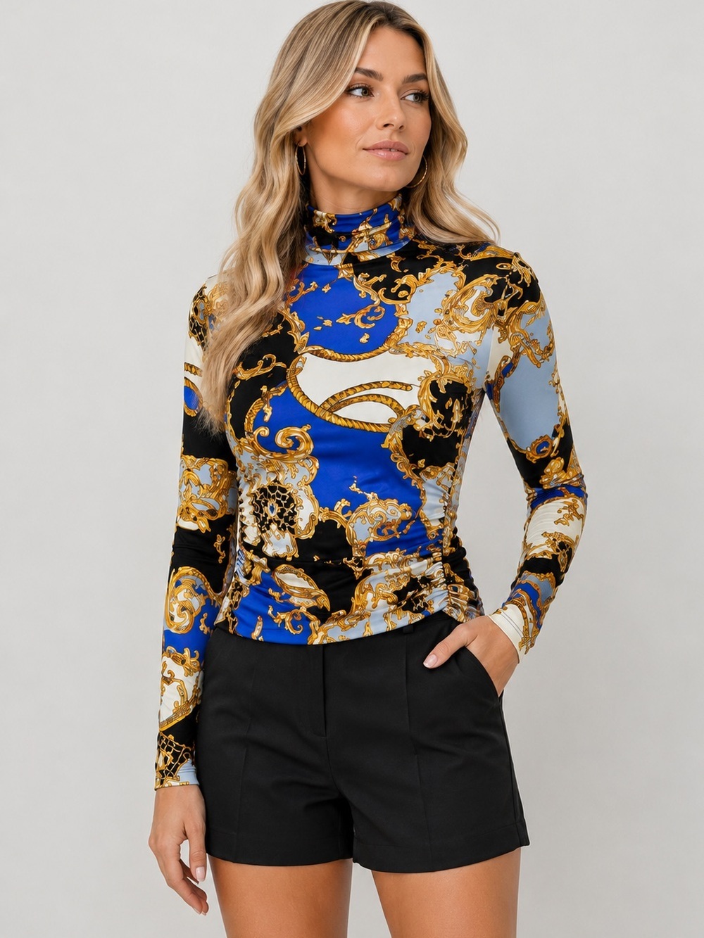 Boston Proper Blue Gold Baroque Ruched Mock Neck Long Sleeve Top Size Small